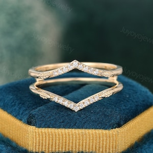 Unique Diamond Curved wedding band Yellow gold double wedding ring enhancer ring Vintage diamond matching Stacking ring gift for her