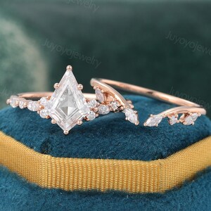 Kite shaped Moissanite ring set Vintage rose gold engagement ring set Marquise cut diamond bridal set Open curved wedding band marriage ring
