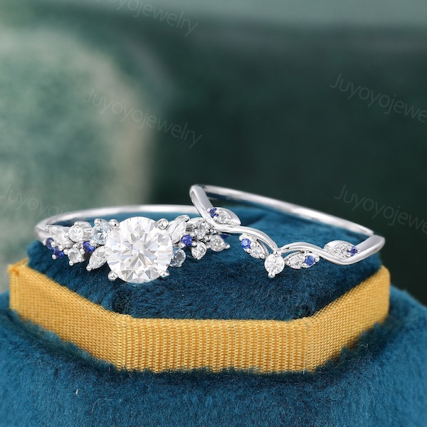 Ensemble unique de bagues de fiançailles en moissanite Ensemble de bagues de fiançailles en saphir et en or blanc Ensemble nuptiale de diamants aigue-marine, bague de promesse, cadeau d'anniversaire