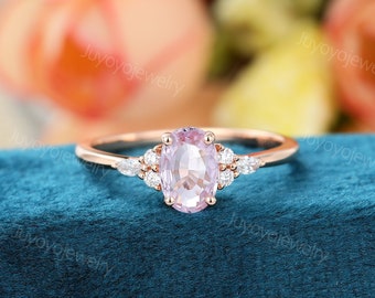 Pink sapphire engagement ring Unique oval sapphire ring rose gold engagement ring woman moissanite ring promise ring Dainty diamond ring