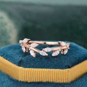 Curved Diamond wedding band Unique Rose gold leaf ring Marquise cut Diamond matching ring Stacking marriage ring Dainty vine promise ring