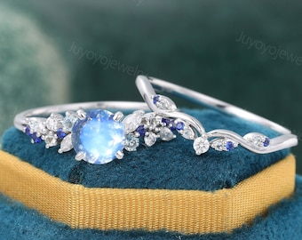Unique moonstone engagement ring set White gold sapphire ring set Aquamarine cluster ring Marquise cut diamond bridal set Promise ring