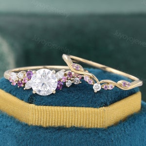 Anillo de compromiso de moissanita de 6,5 mm Anillo de compromiso de oro amarillo macizo Anillo nupcial de amatista Anillo de matrimonio de zafiro rosa Anillo de aniversario
