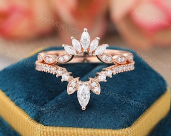 Vintage Marquise cut diamond Curved wedding band rose gold double wedding band matching band Stacking ring milgrain ring gift for women