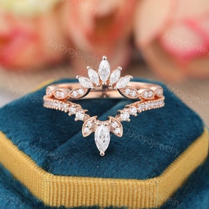 Vintage Moissanite Curved wedding band rose gold double wedding band Marquise diamond matching wedding Stacking ring Unique milgrain ring