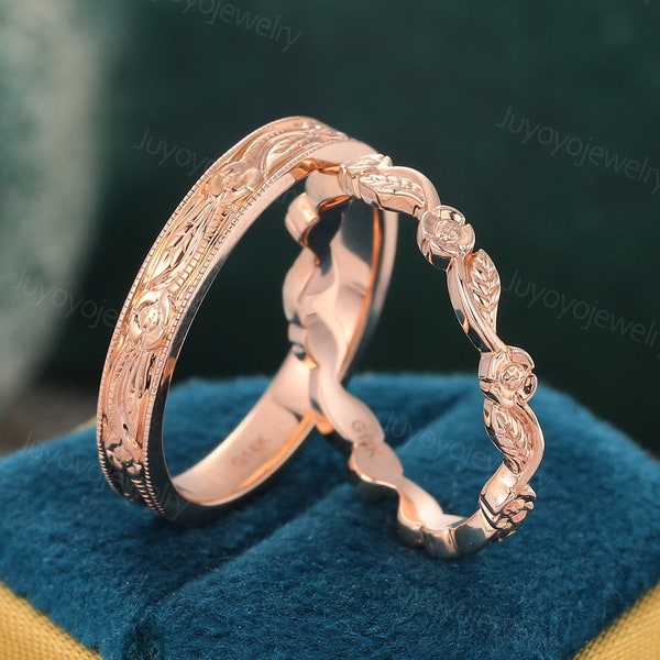 2pcs Leaf Couple Rings Set for Men and Women Rose gold men wedding band Floral couple bands Matching Rings His & Hers Pattern Ring Set