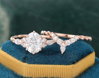 Anillo de compromiso Moissanite de corte ovalado conjunto de anillo de racimo de oro rosa marquesa conjunto nupcial de diamantes simulados 3/4 anillo de promesa retorcido de eternidad
