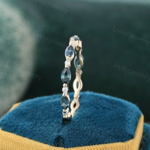 Unique Full eternity Marquise cut Blue green sapphire wedding band yellow gold Moissanite ring women Matching Stacking ring Anniversary ring