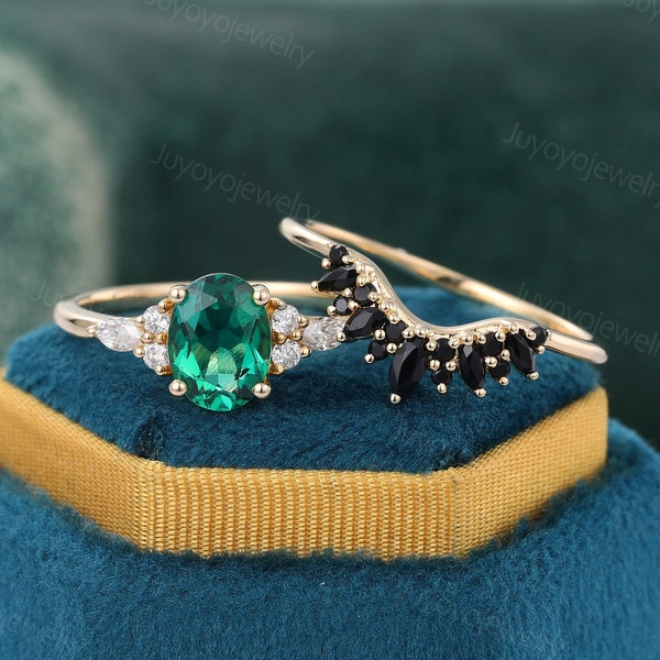 Oval cut emerald engagement ring set Vintage yellow gold Moissanite ring set Dainty Bridal set Marquise diamond ring set Black onyx ring