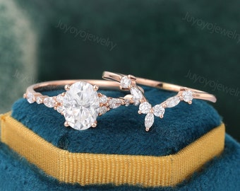 Oval cut Moissanite engagement ring set Rose gold cluster ring set Marquise cut Simulated Diamond bridal set Dainty half eternity ring