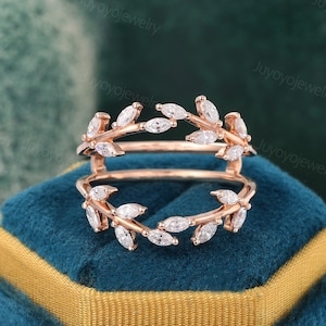 Marquise cut Double Curved leaf wedding band Unique Rose gold Diamond wedding band vine Diamond matching ring Stacking marriage ring