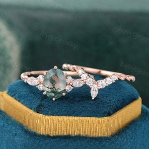 Moosachat Ring Set Einzigartige Rosegold Verlobungsring Marquise Moissanit Ring Set 3/4 Eternity Twisted Diamant Brautring Set