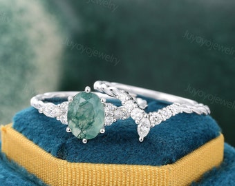 Anillo de ágata de musgo verde de corte ovalado Conjunto de anillo de compromiso de oro blanco único conjunto de anillo de boda marquesa anillo de moissanita conjunto de anillo de aniversario de promesa