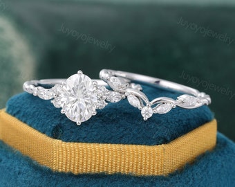 Conjunto de anillo de compromiso Moissanite de talla ovalada Conjunto de anillo de racimo de oro blanco antiguo Conjunto de anillo de diamante simulado marquesa 3/4 conjunto nupcial retorcido de eternidad