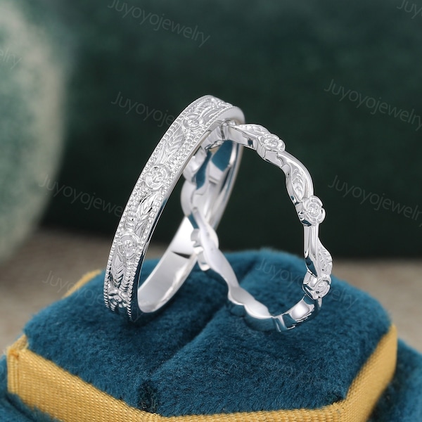 2pcs Leaf Couple Rings Set White gold men's band his and hers wedding bands Floral couple bands Matching Rings His & Hers Pattern Ring Set