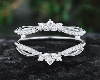 Unique moissanite curved Curved band White gold double wedding band Enhancer ring Vintage diamond matching wedding ring Anniversary gift