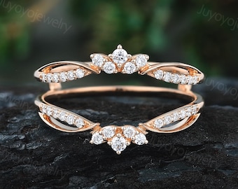 Unique Moissanite Curved wedding band Rose gold double wedding band woman Anniversary ring vintage Moissanite matching wedding Stacking ring