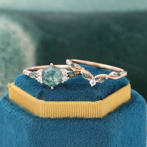 Hexagon cut Green Moss Agate ring set Vintage Rose gold engagement ring set marquise Moss Agate moissanite ring Promise Anniversary ring