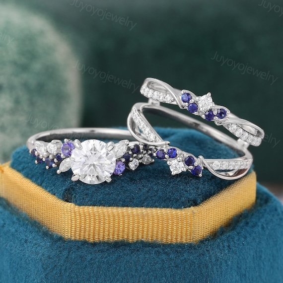 Moissanite Engagement Ring Set White Gold Diamond Ring Set