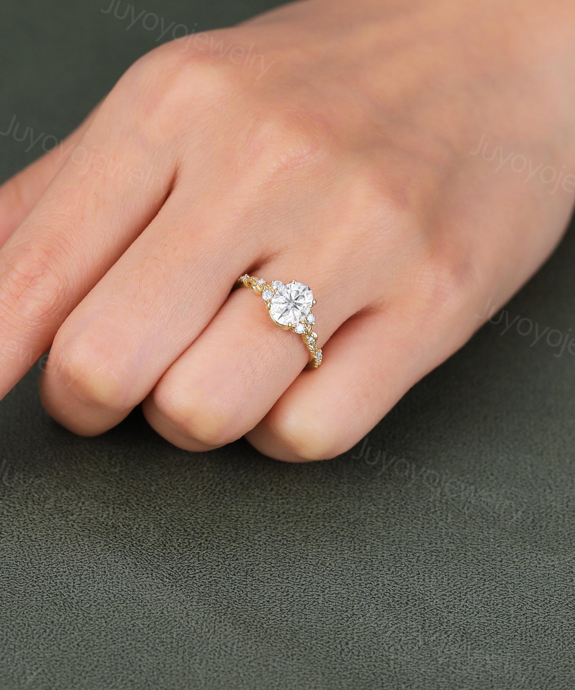 Oval Cut Moissanite Engagement Ring Unique Yellow Gold Art Deco Leaf ...