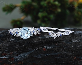 6.5mm aquamarine engagement ring set White gold moissanite ring set Marquise cut moissanite bridal set Sapphire marriage ring Promise ring