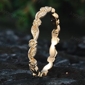 vintage Solid gold wedding band 14k yellow gold wedding band women Floral ring matching Stackable ring Simple ring Anniversary gift for her