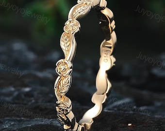 Vintage Solid Gold Ehering 14k Gelbgold Trauring Frauen Blumenring Passend Stapelbarer Ring Schlichter Ring Jahrestag Geschenk für sie