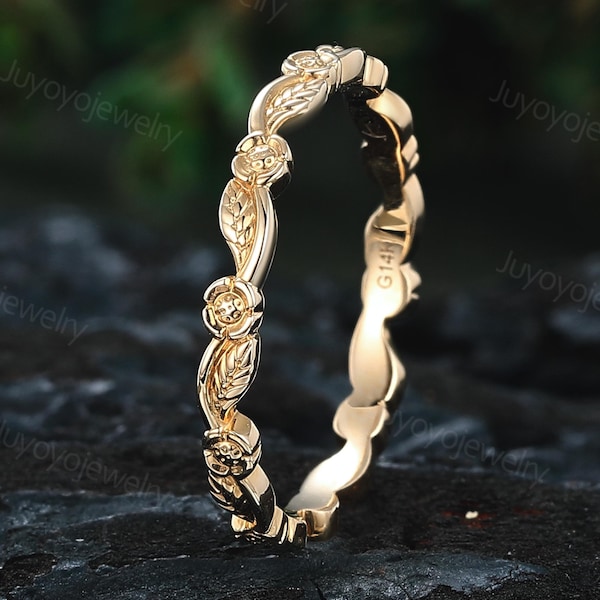vintage Solid gold wedding band 14k yellow gold wedding band women Floral ring matching Stackable ring Simple ring Anniversary gift for her