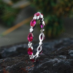 Full eternity ruby wedding band Solid white gold wedding ring Marquise cut moissanite ring Matching ring Stacking ring Anniversary ring