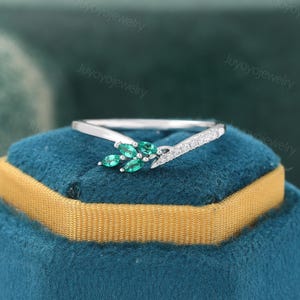 Unique Emerald Curved wedding band white gold Moissanite band woman vintage Marquise cut Emerald Diamond band matching wedding Stacking ring