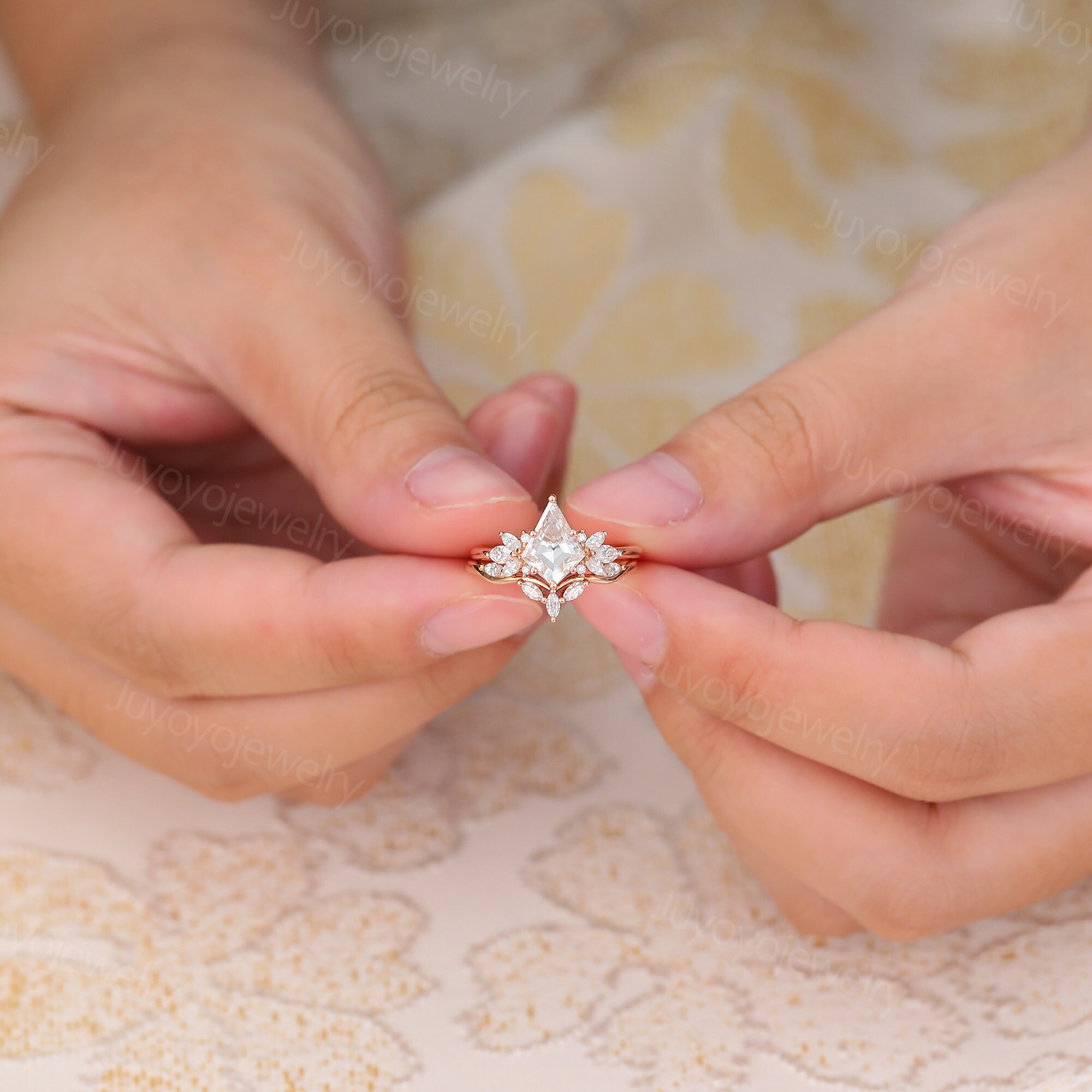 Kite Cut Moissanite Engagement Ring Set Vintage Rose Gold