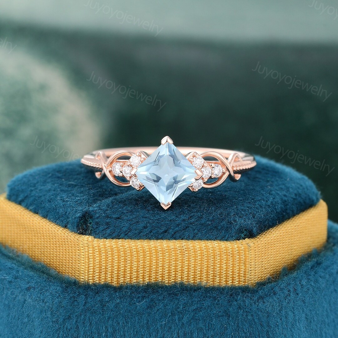 Princess Cut Aquamarine Engagement Ring Vintage Rose Gold Twist Ring ...