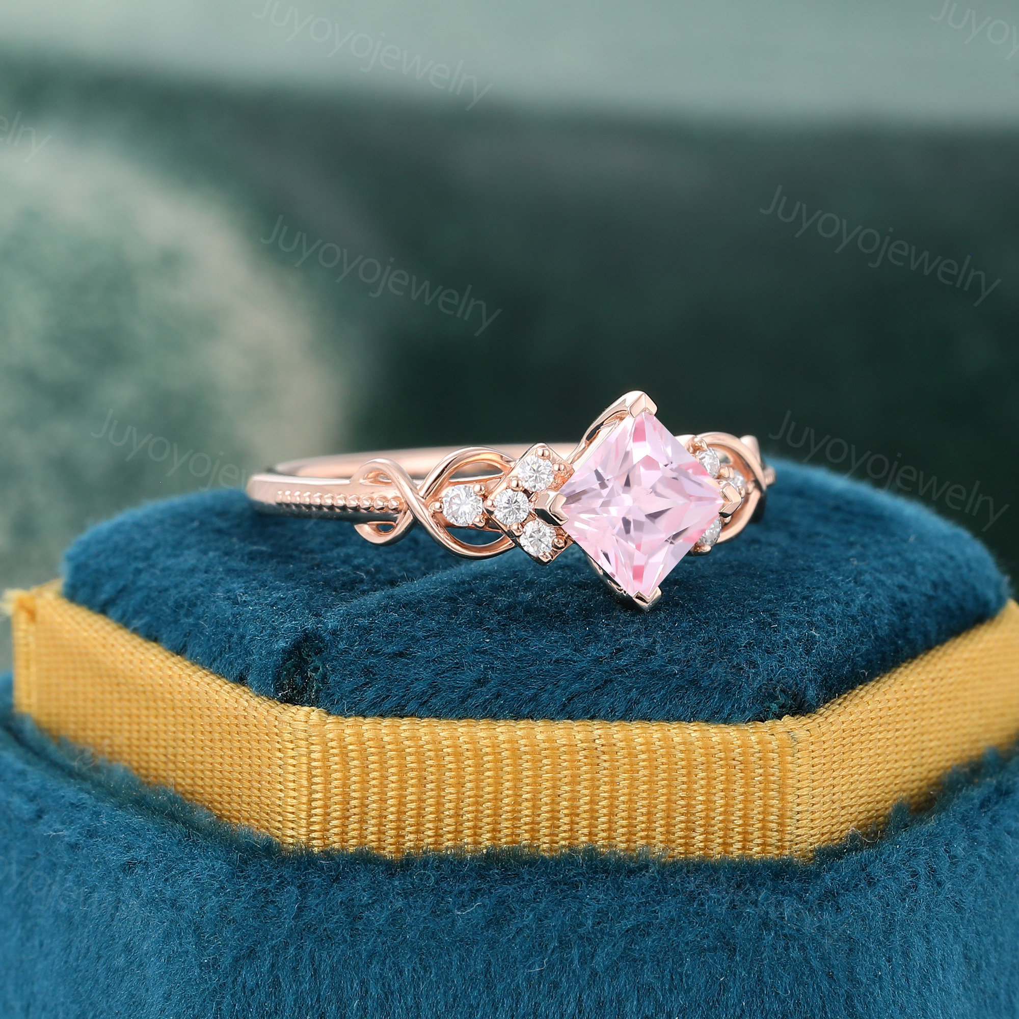 Unique Princess Cut Pink Sapphire Engagement Ring Rose Gold Diamond Ring  Dainty Milgrain Bridal Ring Anniversary Promise Ring Women Gift - Etsy, image size:2000x2000
