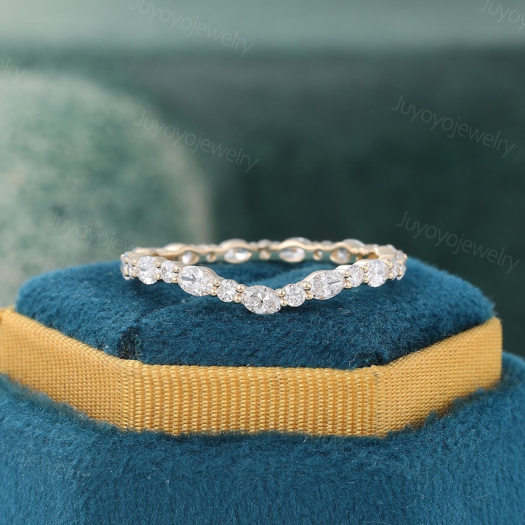 Oval Cut Moissanite Wedding Band Solid Yellow Gold Curved Wedding Ring ...