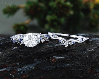Unique moissanite engagement ring set White gold sapphire ring set Aquamarine cluster ring Marquise cut diamond bridal set Promise ring