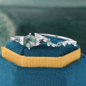 Hexagon cut Moss Agate engagement ring set Vintage white gold moissanite ring set Unique diamond bridal set Delicate promise ring for her