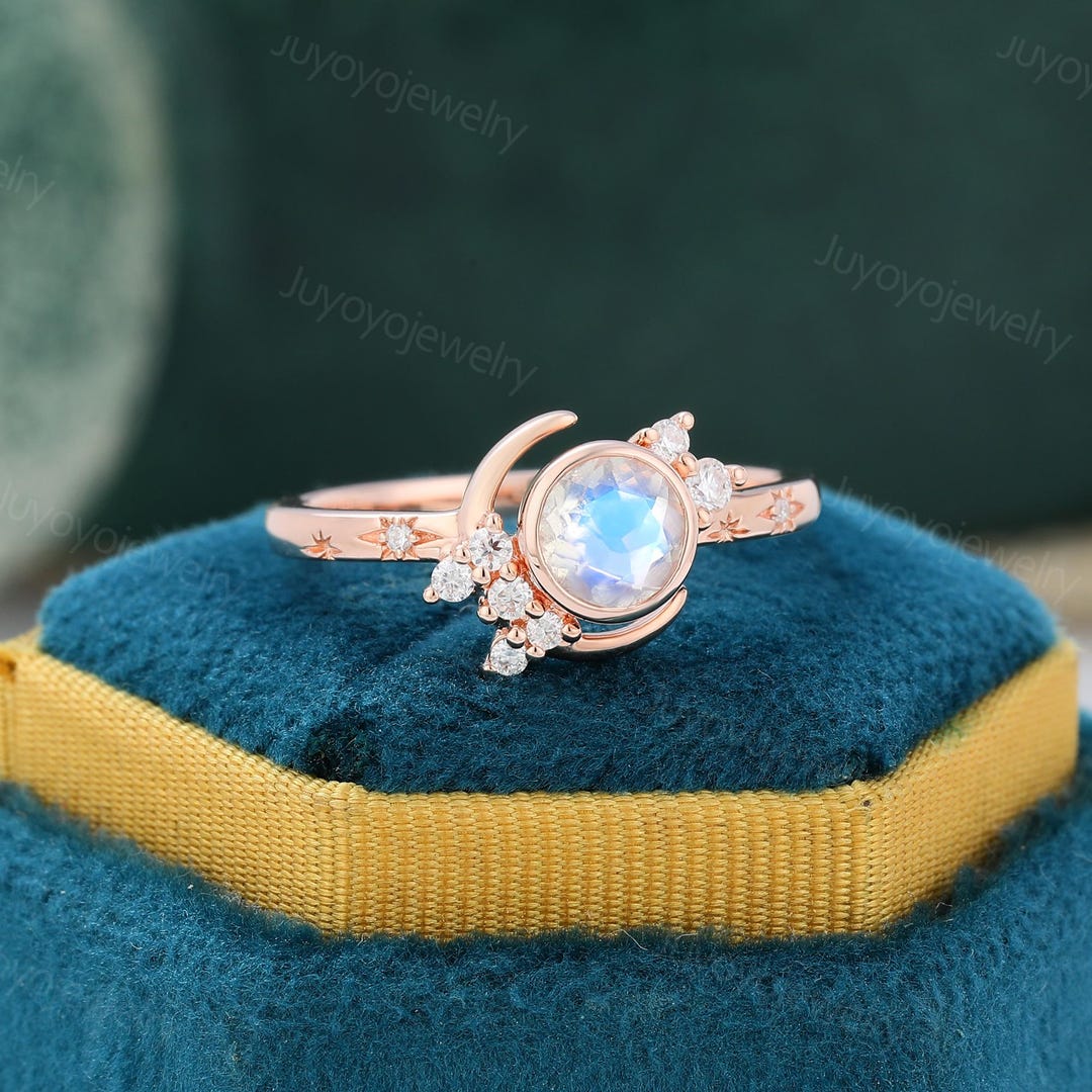 Unique Moon Rings Unique Moon Ring Moonstone Engagement Ring Vintage Rose Gold Diamond ...