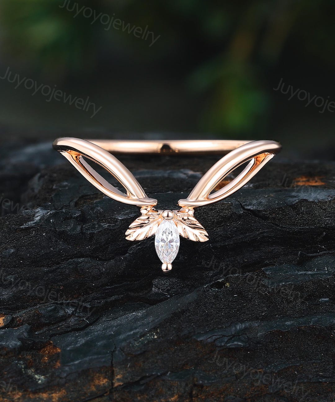 Unique Marquise Diamond Curved Wedding Band Vintage Rose Gold Curved ...