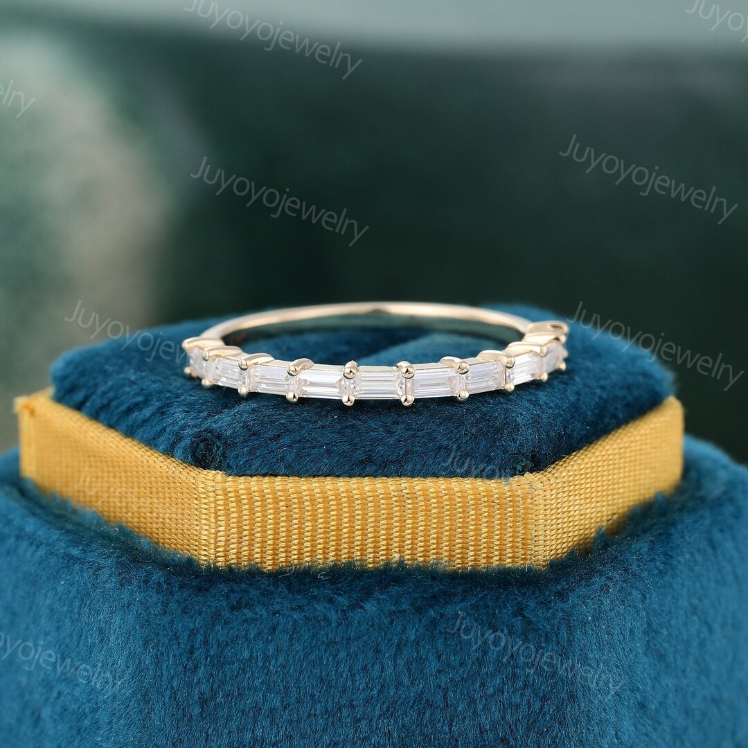 Unique Baguette Cut Moissanite Wedding Band Yellow Gold Ring Women Half ...