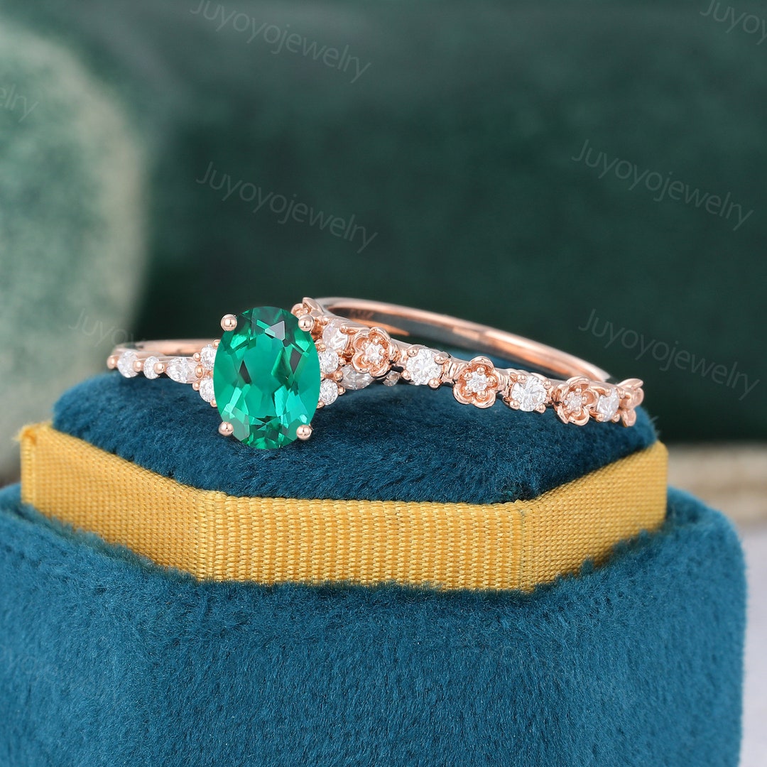 Oval Emerald Engagement Ring Set Vintage Rose Gold Bridal Set - Etsy