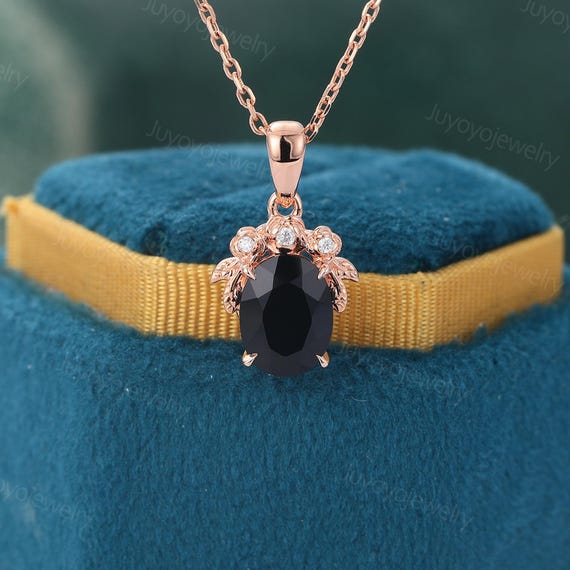 Oval Cut Black Onyx Necklace Solid Rose Gold Diamond Necklace Leaf