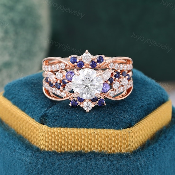 Unique Moissanite Engagement Ring Set Rose Gold Diamond Engagement