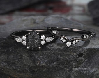 Pear shaped black rutilated quartz engagement ring set Black gold bridal set Marquise cut  woman diamond cluster ring Marriage ring