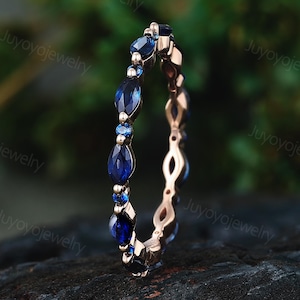 Volle Ewigkeit Blauer Saphir Ehering Roségold Ring Solid Goldring Marquise Ring Passend Stapelring Jahrestag Ring Geschenk für Frauen