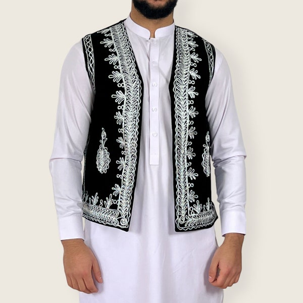 Afghan traditional black velvet white charma work, Afghan embroidered waistcoat