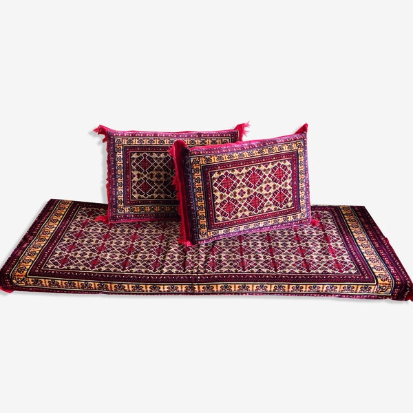 Schönes afghanisches Bodensofa Set 1 Bodensofa + 2 Kissenbezüge im türkischen Stil, arabische Majliss-Sitzmöbel (nur 3er-Bezug)