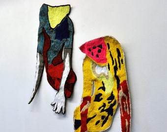 Les Danseurs , male art, contemporary art, wall objects, needlework, silk and other yarn, textile art, soft art, mirroring figures