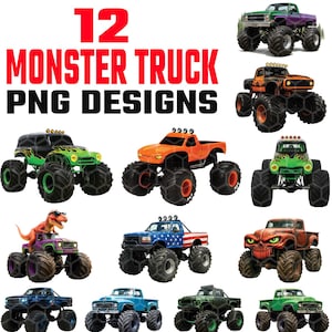 May include: A collection of 12 monster truck PNG designs. The trucks are in various colors, including green, orange, blue, and red, with unique graphics and designs. Some trucks feature dinosaur figures and American flag patterns.