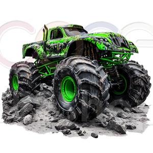 Könnte beinhalten: Ein grüner Monstertruck mit der Aufschrift "Grave Digger" an der Seite. Der Truck fährt über Steine und Erde.