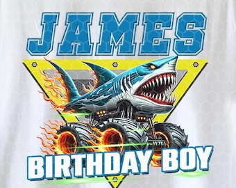 Edytowalny projekt urodzinowy Monster Truck w formacie PNG do sublimacji | Projekt urodzinowy dla chłopca z motywem Shark Monster Truck | Prasa termotransferowa Monster Truck DTF